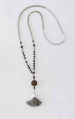 Obsidian Mala Halskette Medea in Azur und schwarzbraun mit Puschelquaste oder Münze