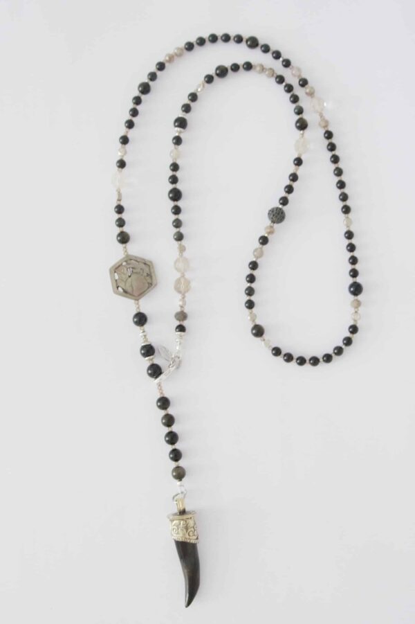 Ausgefallene Edelsteinkette Rutilquarz Obsidian handgeschnitzter Zahn Handarbeit Tibet – Bild 2