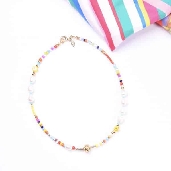 Happy Face Smiley Perlenkette mit bunten Highlights Süsswasserperlen Gold – Bild 3