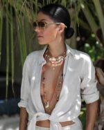 Stylische Kurzkette mit vielen  facettierten Edelstein Tropfen, Rosenquarz, Rhodhochrosit, Amethyst,Cytrin uvm. in Pastell mit versilberten Elementen – Bild 3