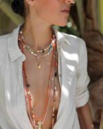 Stylische Kurzkette mit vielen  facettierten Edelstein Tropfen, Rosenquarz, Rhodhochrosit, Amethyst,Cytrin uvm. in Pastell mit versilberten Elementen – Bild 2