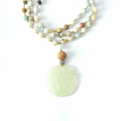 One of a kind * Einzelstück - Kette Jade Ornament mit Amazonit und Sandelholz geknüpft – Bild 3