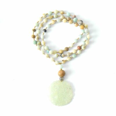 One of a kind * Einzelstück - Kette Jade Ornament mit Amazonit und Sandelholz geknüpft – Bild 5