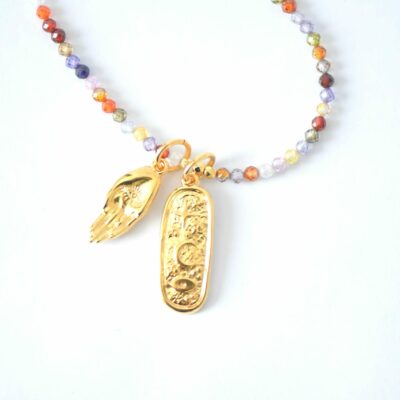Bunte Zirkonia Halskette mit vergoldeten Anhängern Hand, Auge, Mond und Sterne – Bild 2