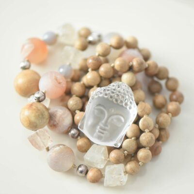ONE OF A KIND * Einzelstück - Kette Sandelholz, Bergkristall, Drusenachat Bergkristall Buddha