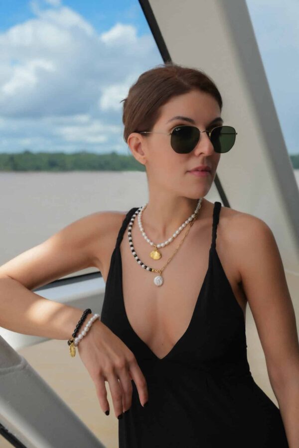 Kurzkette "Halb Halb" Onyx Edelstahl Schwarz Gold – Bild 3