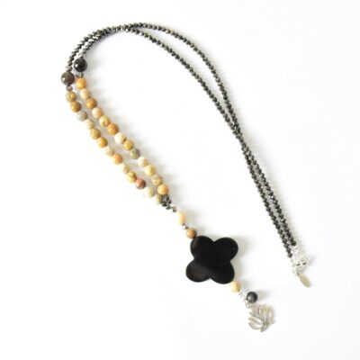 Y Halskette mit braun beige Jaspis, Obsidian und Kristallperlen Horn Blume