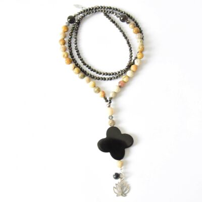 Y Halskette mit braun beige Jaspis, Obsidian und Kristallperlen Horn Blume – Bild 3