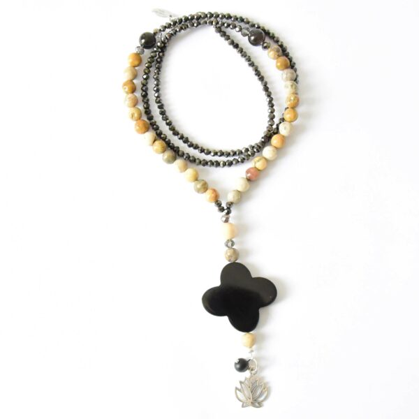 Y Halskette mit braun beige Jaspis, Obsidian und Kristallperlen Horn Blume – Bild 3