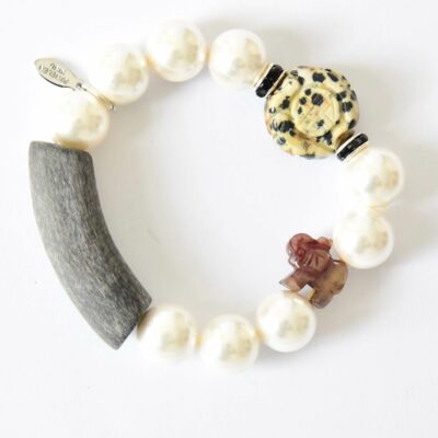 Muschelkern Armband mit Leopardenjaspis und Jade Elefant – Bild 2
