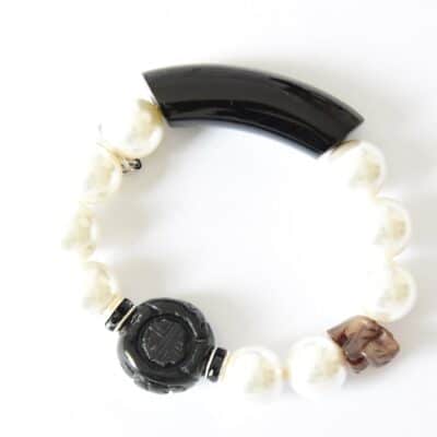 Muschelkern Armband mit Onyx und Jade Elefant mit  Hornröhrchen – Bild 2