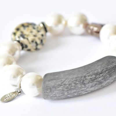 Muschelkern Armband mit Leopardenjaspis und Jade Elefant