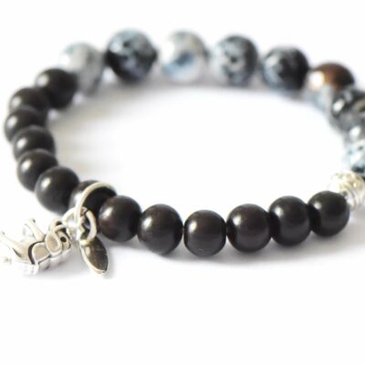 Schwarz Graues Ebenholz Armband mit Glückselefant und Spinnenachat