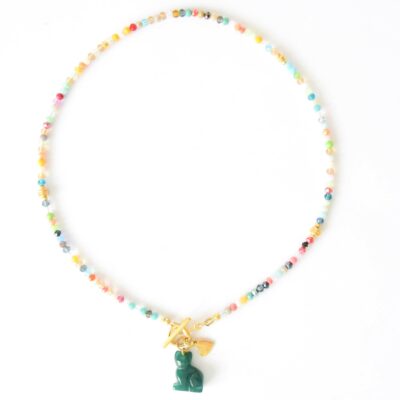 Kurzkette "LUCKY" bunter Glasperlen Mix mit handgeschnitzter Katze aus grünem Aventurin