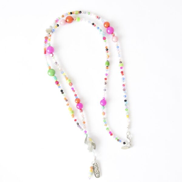 DSC_7626 Bunte Bettelkette Miracle Beads  Millefiori Glas und Glasschliffrondelle, Pink Grün Orange – Bild 4