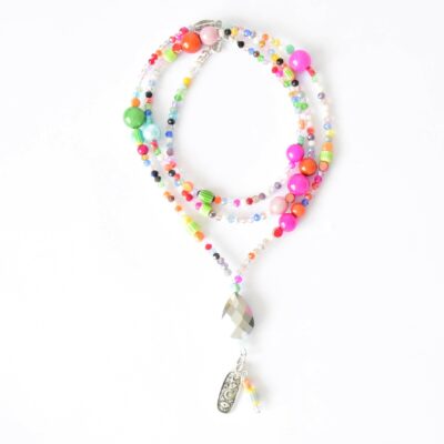 Bunte Bettelkette Miracle Beads  Millefiori Glas und Glasschliffrondelle, Pink Grün Orange