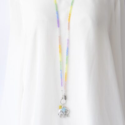 105 cm  Kette "Tulia" Pastell Regenbogen mit Glasschliffperlen, und großem versilberten Elefant Anhänger, lange Variante – Bild 3