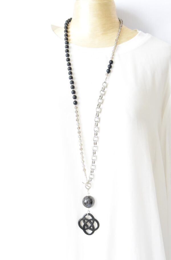 Extravagante Trendkette Gliederkette Edelstein Mix Onyx mit Horn Element und lackierter Lederperle – Bild 2