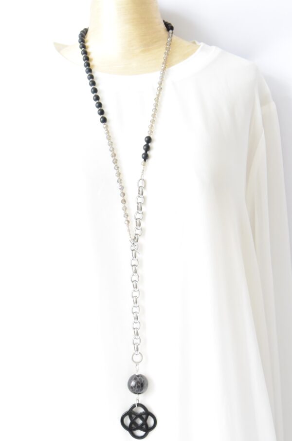 Extravagante Trendkette Gliederkette Edelstein Mix Onyx mit Horn Element und lackierter Lederperle – Bild 4