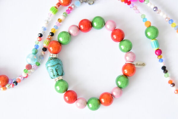 DSC_7815 Bunte Bettelkette Miracle Beads  Millefiori Glas und Glasschliffrondelle, Pink Grün Orange – Bild 3