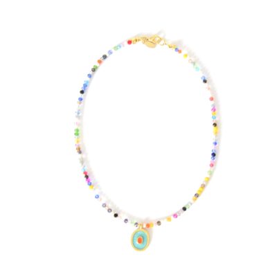 Bunte Kurzkette Glasschliffperlen mit emailliertem Medaillon, vergoldeter Anhänger