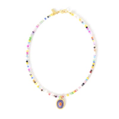 Bunte Kurzkette Glasschliffperlen mit emailliertem Medaillon, vergoldeter Anhänger