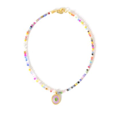 Bunte Kurzkette Glasschliffperlen mit emailliertem Medaillon, vergoldeter Anhänger