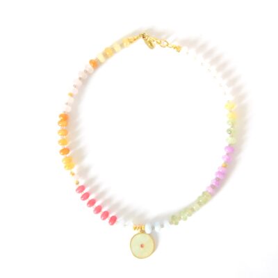 Jade, Rosenquarz, Aquamarin extravagante Edelstein Halskette mit Toggle Verschluss vergoldet und Medaillon