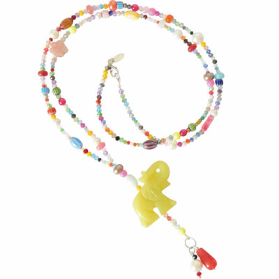 Elegante Sommerkette mit leuchtendem Jade Elefant und buntem Edelstein Tropfen