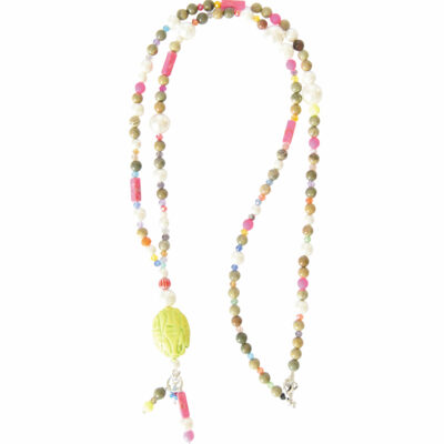 Lässiger Blickfang lange Sommerkette mit leuchtender Edelstein Schnitzerei