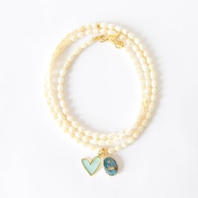Make a Wish Feine Zuchtperlenkette mit blauem Halbedelstein Anhänger Kyanit und Glas Herz – Bild 5