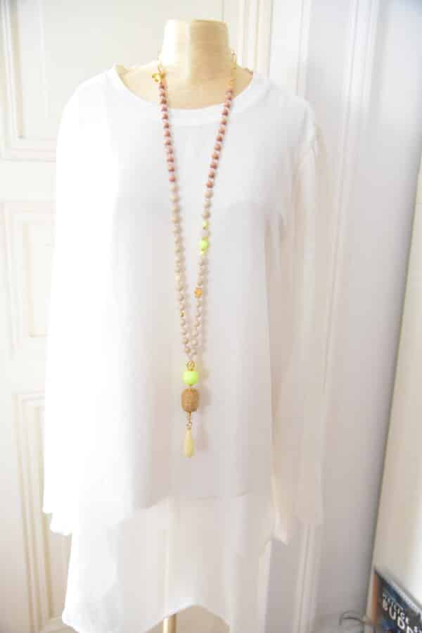 Neon Lime Rosenholzkette mit goldenen Highlights, hellem Jaspis und geschnitztem Buddhakopf  vergoldeter Lotusblüte und verziertem Tropfen in Ivory – Bild 6