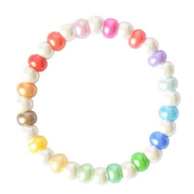 Highlight * Regenbogen Pastell glänzendes Sommerarmband mit weißen Perlen und metallisch glänzenden Pony Glasperlen
