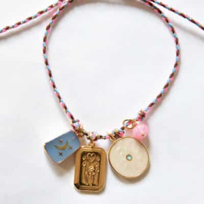 "Make a wish" Blau durchsichtiger Achat Mond/Sterne Bettelkette Stoffbandkette mit Anhänger Konvolut