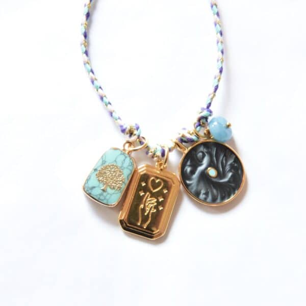 "Make a wish" Lebensbaum Türkis  Bettelkette Stoffbandkette mit Anhänger Konvolut – Bild 3