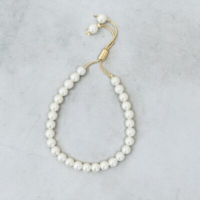 MUSTER 6 mm weißes Perlen Armband mit Goldkette und Schiebekettchen schlicht und klassisch