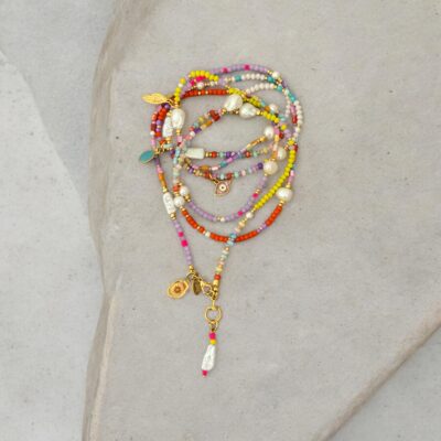 Bunte Longkette SILJA aus buntem Glas, Muschel, Jade und Barockperlen Bunte Layering Kette – Bild 6