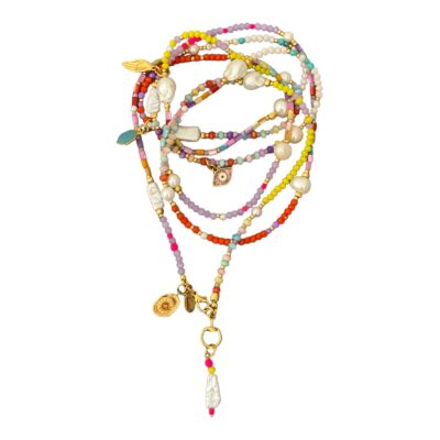 Bunte Longkette SILJA aus buntem Glas, Muschel, Jade und Barockperlen Bunte Layering Kette