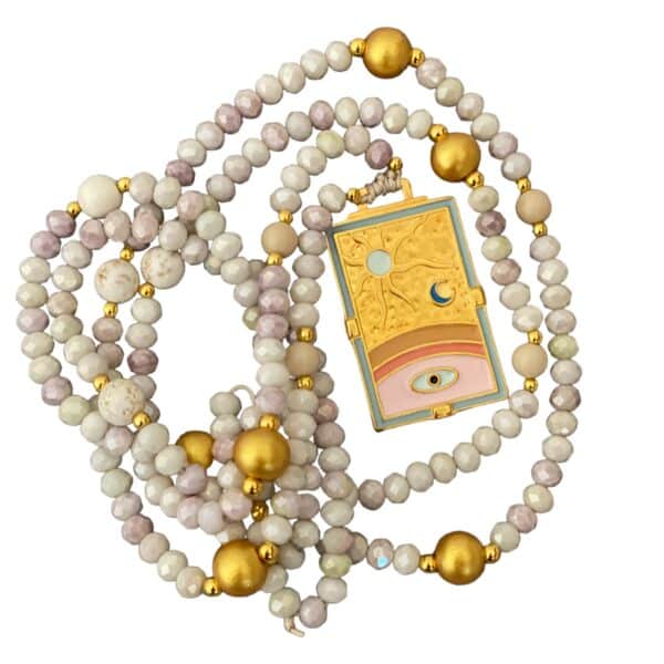 MUSTER IBIZA BOHO Style Hippie Kette Creme beige Gold mit spirituellem Anhänger handgeknüpft