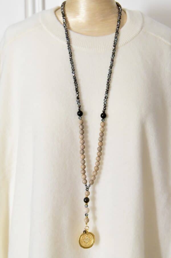 Edelstein Kette "Ama" aus hochwertigem Mosaik Jaspis, Icy Achat, vergoldetem Medaillon – Bild 5