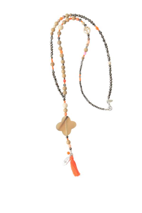 Kleines Peace Quaste Edelstein Kette  aus hochwertigem Mosaik Jaspis mit Neon Beads Stylish – Bild 3