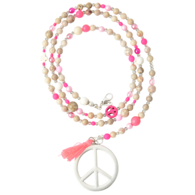 Y- Bettelkette Neon Pink rosa Quaste Peace Edelstein Kette  aus hochwertigem Mosaik Jaspis mit Neon Beads – Bild 3
