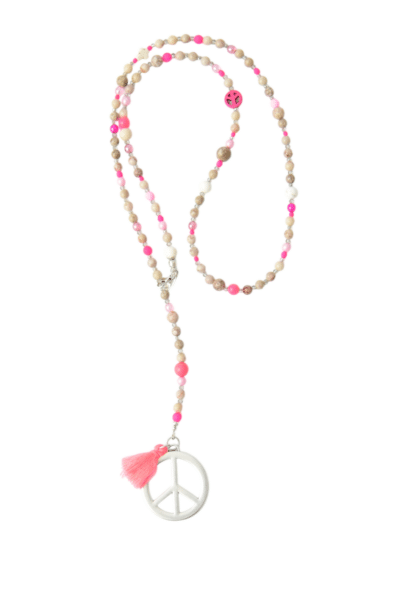 Y- Bettelkette Neon Pink rosa Quaste Peace Edelstein Kette  aus hochwertigem Mosaik Jaspis mit Neon Beads – Bild 5