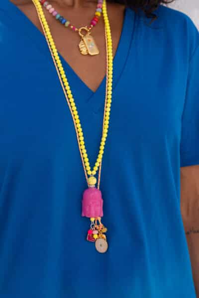 Bunte Edelstein Kette  aus hochwertigem  Jaspis mit Pink farbenem Jade Buddha