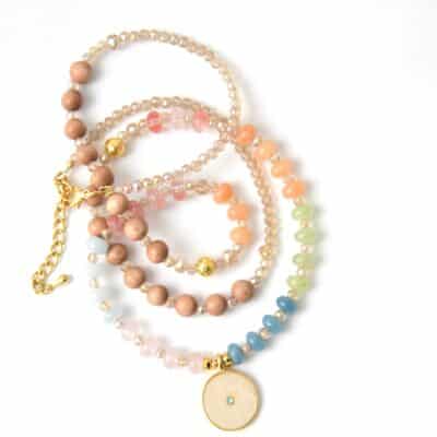 Edle Halskette mit Edelstein Rondellen und Rosenholz, rosa grün orange – Bild 3