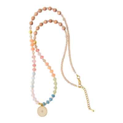 Edle Halskette mit Edelstein Rondellen und Rosenholz, rosa grün orange