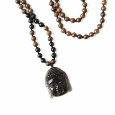 Geknüpfte Buddha Rundhalskette in Braun schwarz mit Achat Buddhakopf aus Sandelholz – Bild 2