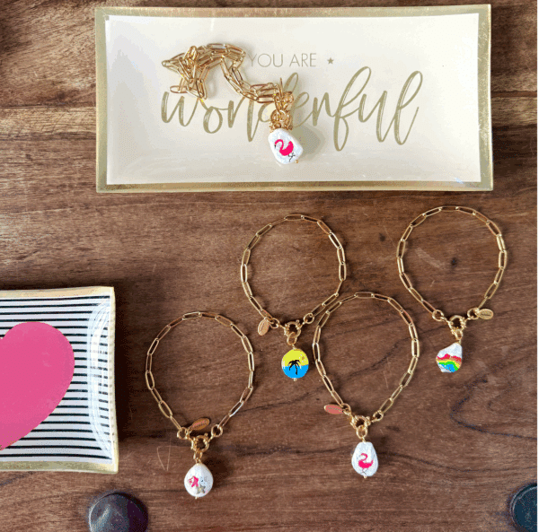 MUSTER Handbemalte Barockperle Paperclip Halskette Edelstahl in Goldfarben mit BLUMEN Charm – Bild 4