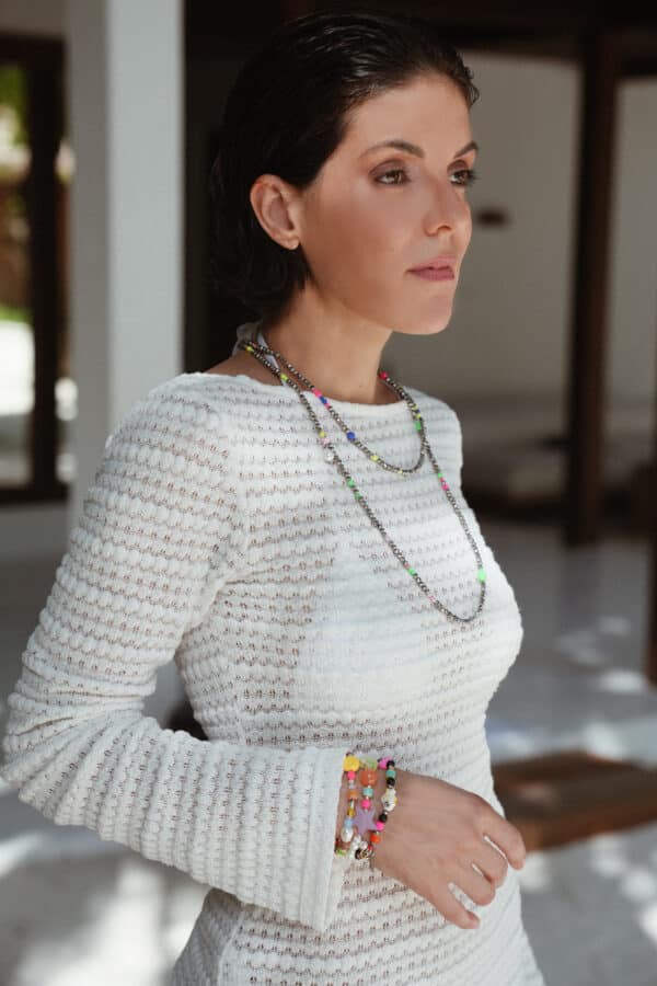 MUSTER Longkette Silber Glitzer Smiley  aus Glasschliffperlen mit Neon Orange und Pink  Dunkelblau Rosa und Lime Glanz und matte Glasperlen – Bild 4