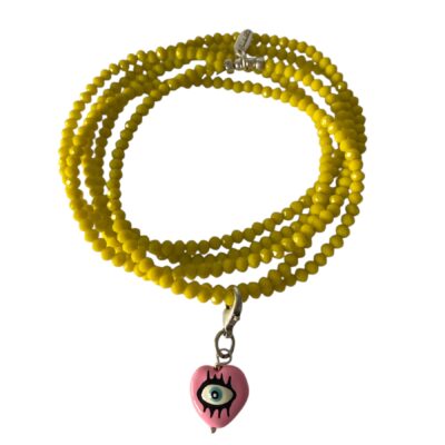 Longkette LEMON aus Glasschliffperlen mit Herz Anhänger in Pink